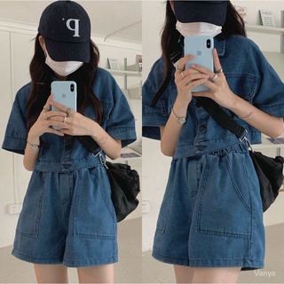 denim set ชุดเซ็ต เสื้อเชิ้ตครอปแขนสั้นและกางเกงขาสั้นผ้ายีนส์ SF4474