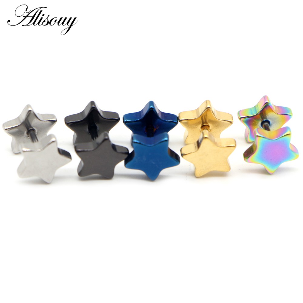 Alisouy 2 ชิ้น ใหม่ ทุกเพศ สเตนเลส บาร์เบล ต่างหูสตั๊ด คลาสสิก ห้าแฉก ดาว ต่างหูสกรู ด้านหลัง เจาะร่างกาย เครื่องประดับ
