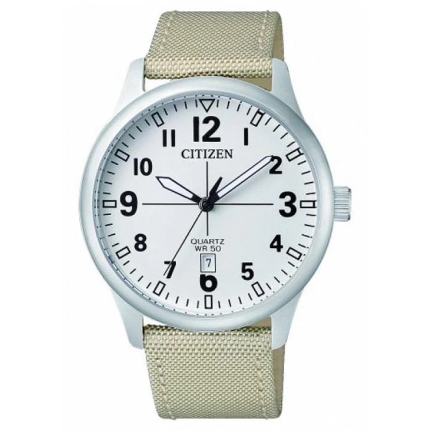 CITIZEN Quartz Men's Date Watch รุ่น BI1050-05A - Silver/White สายผ้าร่ม สีครีม