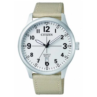 CITIZEN Quartz Mens Date Watch รุ่น BI1050-05A - Silver/White สายผ้าร่ม สีครีม