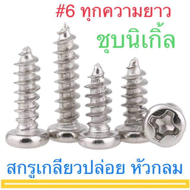 สกรูเกลียวปล่อย P+ #6 ชุบนิกเกิ้ล หัวกลม ยาว 3/8" - 1-1/2"