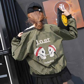 🎀พร้อมส่ง🎀  Bomber Jacket เสื้อคลุมกันลมหลังแต่งลายหัวกะโหลก-11864