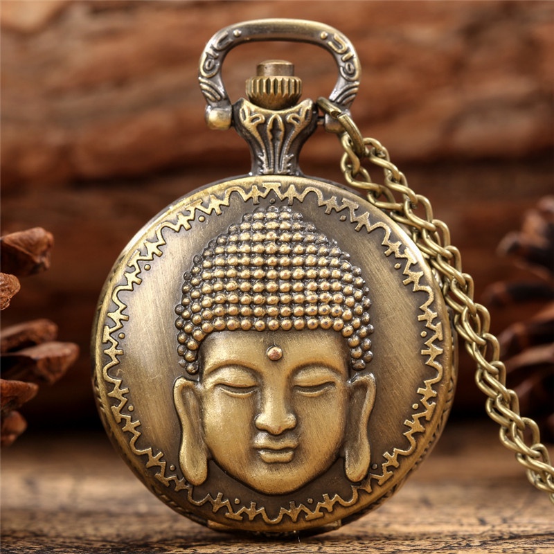 Antique Buddha Design Men Women Quartz Analog Pocket Watch Arabic Number Necklace Chain Gift
