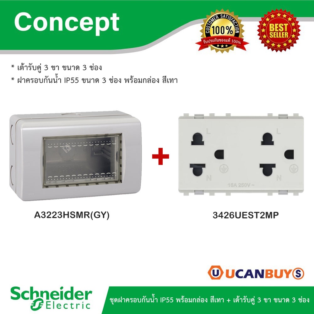 Schneider ชุดฝาครอบกันน้ำ IP55 พร้อมกล่องสีเทา + เต้ารับคู่ 3ขา ขนาด 3 ช่อง รุ่น Concept | Ucanbuys
