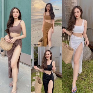 🏖🥰ชุดเที่ยว ไปทะเล Set 2 ชิ้น เสื้อครอปแขนกุด ผ้าล่อง + กระโปรงยาวแต่งผ่าแหวกสูง เย็บเป็นจีบ งานผ้าล่องเนื้อดี