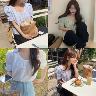 🍮Canale shirt🍮เสื้อแขนสั้น คอเหลี่ยมมน 3 สี เขียว ฟ้า ขาว