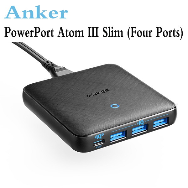 Anker 65W 4 พอร์ต PIQ 3.0 &amp; GaN อะแดปเตอร์ชาร์จเร็ว, A2045 PowerPort Atom III Slim Wall Charger พร้อมพอร์ต USB C 45W, สําหรับ MacBook, USB C แล็ปท็อป, iPad Pro, iPhone, Galaxy