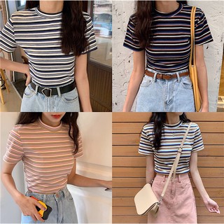 Suxi เสื้อยืดสตรีลายทางสีรุ้งรับลมร้อน