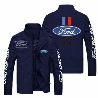 เสื้อแจ็กเก็ตแขนยาวลําลอง คอปก ทรงตรง แต่งซิป ลายโลโก้ Ford สีพื้น แฟชั่นฤดูใบไม้ผลิ และฤดูใบไม้ร่วง สําหรับวัยรุ่น