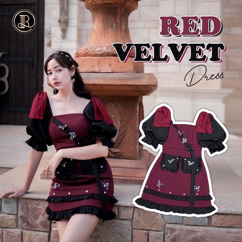 Limited Collection! Red Velvet Dress : BLT BRAND : มินิเดรสสีแดงกำมะหยี่ตัดดำสวยหรูดูแพง