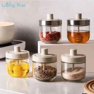 Living Thai โถแก้วปรุงรส,ขวดปรุงรสฝาพร้อมช้อน,ขวดใส่เกลือ,ขวดแก้วเครื่องเทศ,ที่ใส่เครื่องปรุง