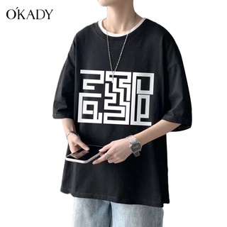 OKADY เสื้อยืด ฤดูร้อนเสื้อยืดผู้ชายแฟชั่นคอกลมพิมพ์แขนสั้นลำลองหลวมนักเรียนครึ่งแขน เสื้อยืดผู้ชาย