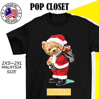 เสื้อยืดผ้าฝ้าย เสื้อยืดคริสต์มาสBEST SELLER MERRY CHRISTMAS TEDDY BEAR TSHIRT WOMEN MEN BAJU T SHIRT PEREMPUAN LELAKI T