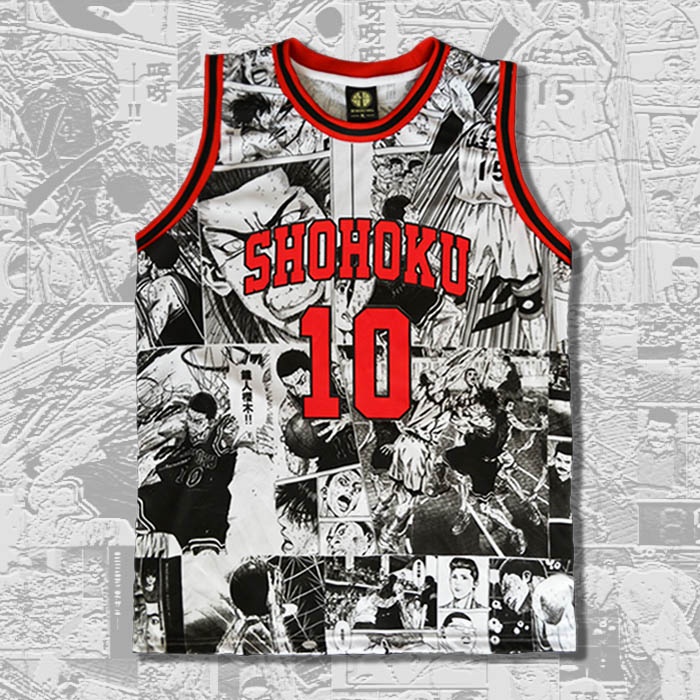 เสื้อกีฬาบาสเก็ตบอล และกางเกงขาสั้น ลายพราง Slam Dunk Shohoku High School No.10 Hanamichi Sakuragi