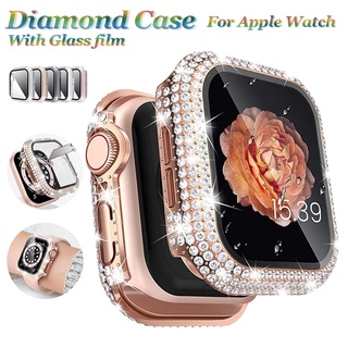 เคสเพชรหรูหรา พร้อมกระจกนิรภัย สําหรับ Apple Watch 41 มม. 45 มม. 44 มม. 40 มม. 42 มม. 38 มม. iWatch Series 8 7 6 SE 5 4 3 2