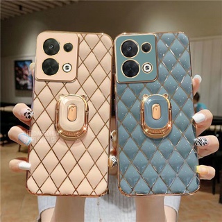 Fashion เคส Phone Case OPPO Reno8 5G / Reno7 Pro 6 5 5G 2022 New Casing Simplicity Lambskin Plating Diamond with Bear Stand TPU Soft Case Full Camera Anti-drop Protective Back Cover เคสโทรศัพท์