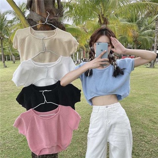 🌈เสื้อครอปไหมพรม ครอปแขนสั้น เสื้อครอปสีพาสเทล 🌈