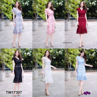 PP17307 เดรสลูกไม้คลุมไหล่ชายระบาย