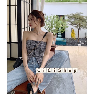 Cicishop(1336/J235)เสื้อเกาะอกผ้าทวิตกระดุมหน้า ดีเทลชายเหลี่ยมดุใส่ไฮโซสุดๆ สวยหรูแพงมากก