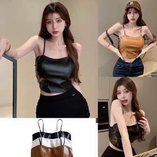 Korean🧧 เสื้อหนังสายเดี่ยวสม็อคยืดด้านหลัง มีฟองน้ำซับใน 3 สี