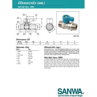 มินิบอลวาล์ว บอลวาวล์ บอลวาล์วสองทาง ผม มม ผผ ผผ ฉาก (ผม. มม. ผผ.) ซันวา SANWA ขนาด 1/2" (4 หุน)