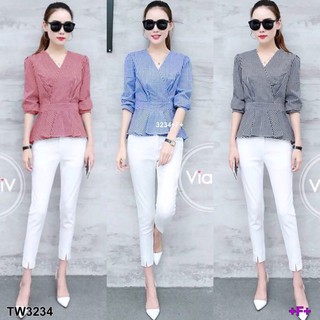 G3234  เซทเสื้อสก็อตแขนศอกเอวระบาย กับกางเกงขายาว