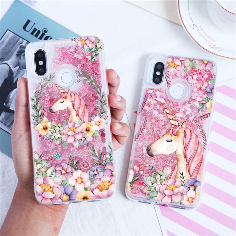 เคสโทรศัพท์มือถือแบบนิ่ม ใส มีทรายไหล ลายขวดน้ําหอมยูนิคอร์นน่ารัก แต่งกลิตเตอร์ ระยิบระยับ สําหรับ Xiaomi Redmi 8 8A Note 7 5 Plus POCO X3 GT 6A S2 Mi 8 Lite A1