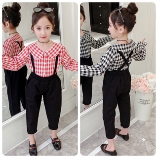 ชุดเอี๊ยมสีดำพร้อมเสื้อลายสก๊อต (สินค้าพร้อมส่งในไทย)