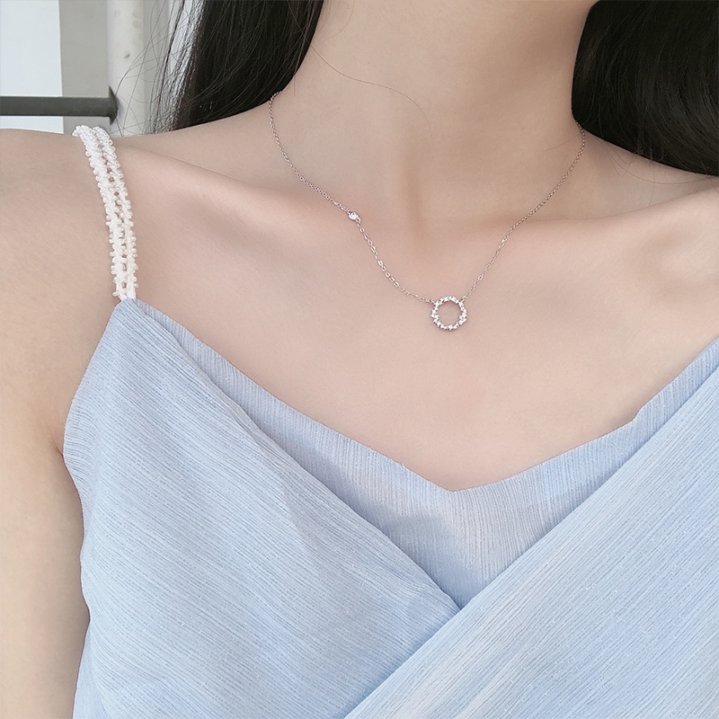 สร้อยคอ จี้วงกลม ขนาดเล็ก สีเงิน เพชรเต็ม เรขาคณิต สไตล์เกาหลี แฟชั่นสําหรับผู้หญิง