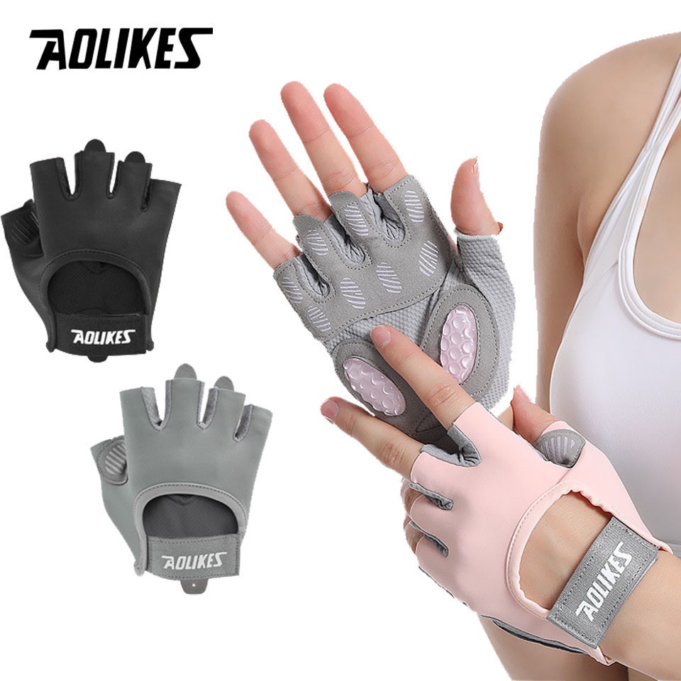 Aolikes Dumbbell ถุงมือฟิตเนสสําหรับผู้หญิงครึ่งนิ้ว Breathable ขี่จักรยานออกกําลังกาย Gym การฝึกอบรมยกน้ําหนัก Crossfit กีฬา