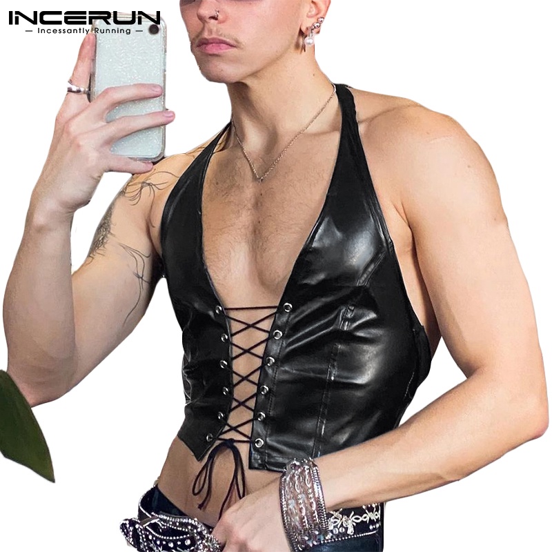 Incerun เสื้อครอปท็อป หนัง สายคล้องคอ แบบผูกเชือก ทรงสลิมฟิต แฟชั่นสําหรับผู้ชาย