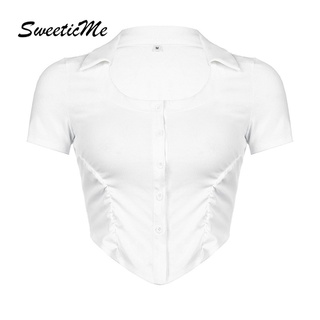 Sweeticme ใหม่ เสื้อแขนสั้น จับจีบ เข้ารูป แฟชั่นสําหรับผู้หญิง 2022