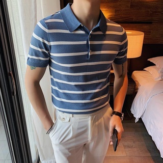 Summer light luxury business casual slim knit short-sleeved polo shirt male Britishtrend brand slim lapel solid color T-