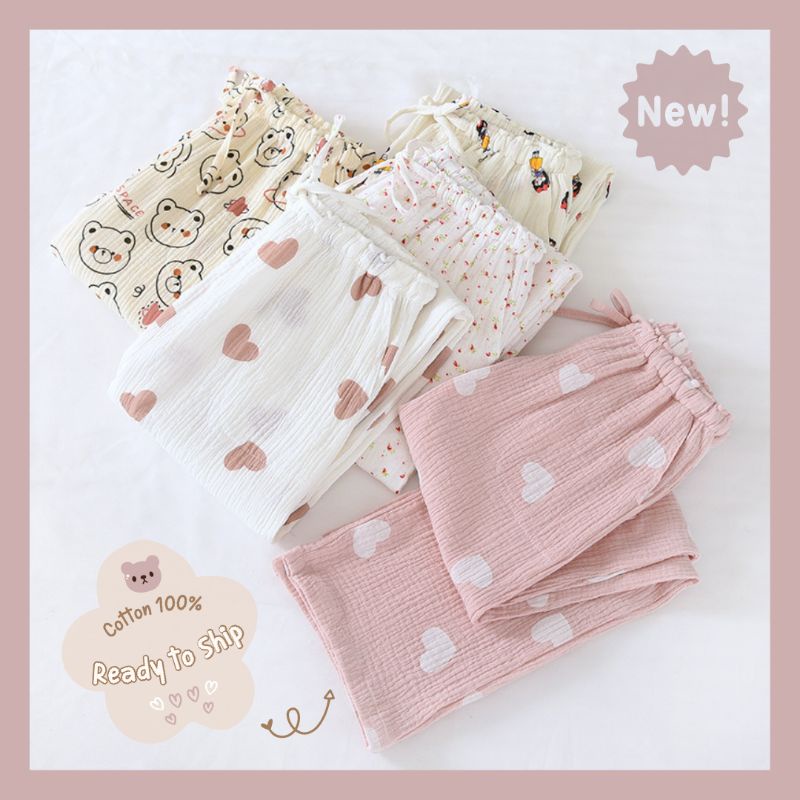 💗พร้อมส่ง🤍กางเกงขายาวเนื้อนุ่ม ผ้าฝ้ายเครป เอวยางยืดมีเชือกผูก กระเป๋าข้าง ใส่สบาย KC3727