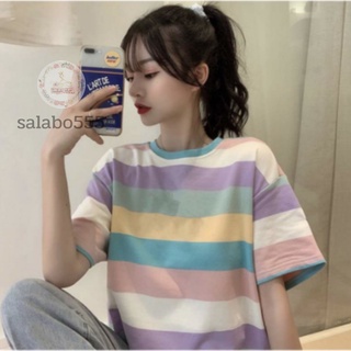 SALABO(พร้อมส่ง) 🌈เสื้อยืดลายทาง-สีพาสเทลสุ่มสี-สไตล์oversize ผ้านิ่มใส่สบายสุดๆ พร้อมส่ง #370🌈