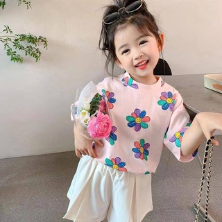 ❀Qinzi เสือดาว❀พร้อมส่ง เสื้อยืดแขนสั้น ผ้าฝ้ายแท้ สไตล์เกาหลี แฟชั่นฤดูร้อน สําหรับเด็กผู้หญิง 2022