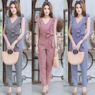 👗Pfashion [ส่งไว!!🚛] P6954 	จั้มสูทขายาวแต่งระบายผูกโบว์เอว  Long-sleeved jumpsuit with bow tie at the waist