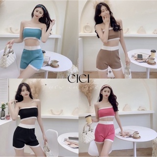 cici(NO.3027)เเซตครอปเกาะอก+ขาสั้นไหมพรมknit ผ้านิ่มยืดได้เยอะใส่จับคู่แมตช์แซ่บๆ