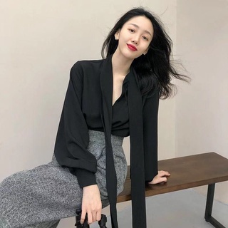 เสื้อเชิ้ตแขนยาวคอวีผูกโบว์เซ็กซี่สําหรับผู้หญิง
