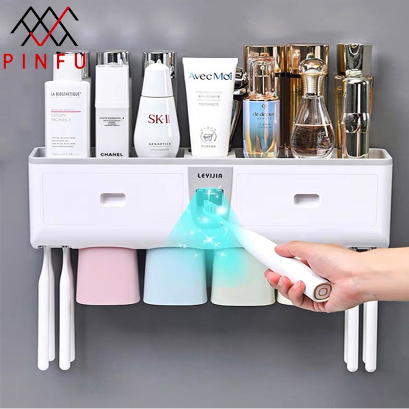 PINFU_SHOP ที่บีบยาสีฟันอัตโนมัติ พร้อมแก้วน้ำ แบบติดผนัง
