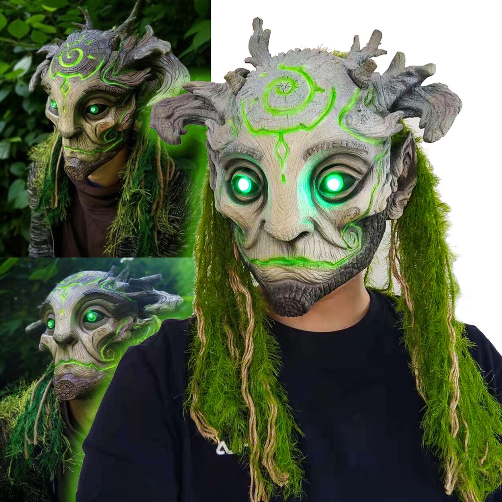 [AHD]ฮาโลวีน Forest Spirit Elf Masque LED สยองขวัญ Headdress สมจริงสีเขียว Elf Old Man หมวกชุดคอสเพล
