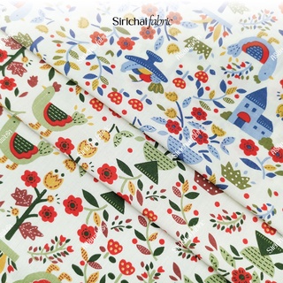 ผ้าคอตต้อนทีซี Cotton TC ลายดอกไม้ ผลไม้ ไก่ และบ้าน หน้ากว้…