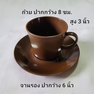 ชุดเซ็ต ถ้วยกาแฟ + จานรอง สีช็อคโกแลต คุณภาพดี มือหนึ่ง ภายในก้นถ้วยมีรอยจากการล้างทำความสะอาด