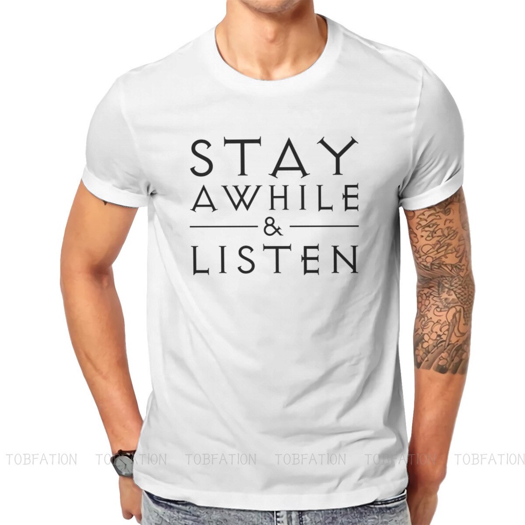 เสื้อยืดวินเทจเสื้อยืดคอกลม ผ้าฝ้าย พิมพ์ลายกราฟฟิค Diablo 2 Roleplaying Game Stay Awhile and Listen