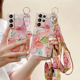 เคสโทรศัพท์มือถือแบบนิ่ม Tpu กันกระแทก ลายภาพวาดสีน้ํามัน รูปดอกพีช พร้อมสายคล้อง ปรับได้ สําหรับ Samsung Galaxy S21 Ultra S21+ S21 5g