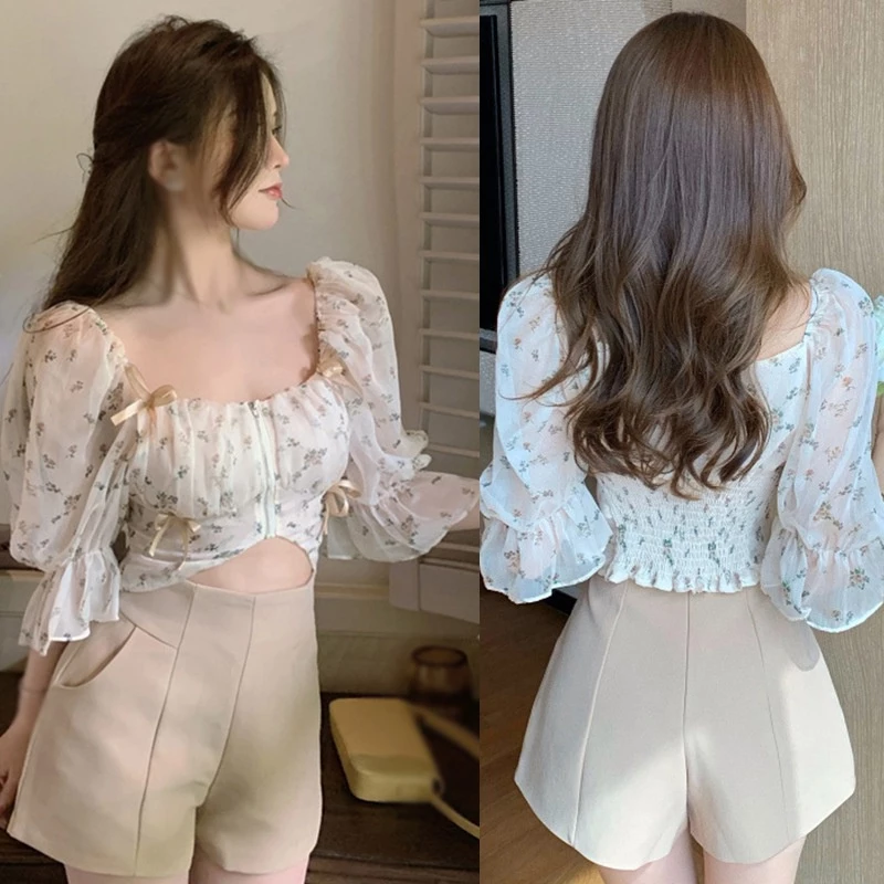 เสื้อครอปเชิ้ตแขนพอง ผ้าชีฟองลายดอกไม้ สไตล์เกาหลี thumbnail 6