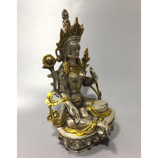 ☄☁China collection archaize white copper Gold plated Green tara Buddha statue