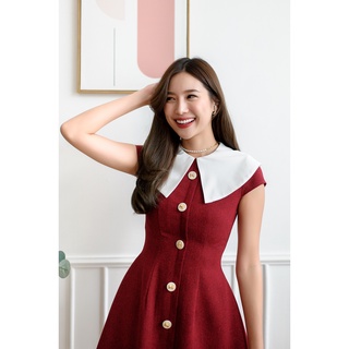 PD60 Red Chanell Dress เดรสสีแดงปกขาว