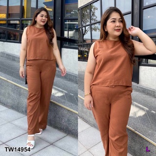 TW14954 Set 3 ชิ้น #BigSize เสื้อคอกลม แขนกุด มาคู่กับกางเกงขายาว มีเข็มขัดเข้าเซต หัวเข็มขัดปั้ม เนื้อผ้าลินิน