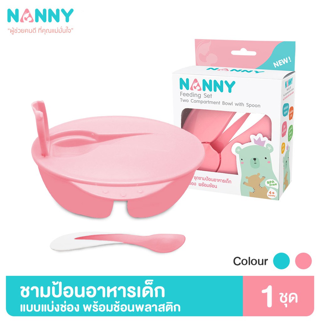 Nanny ชาม ชามใส่อาหาร ชามป้อนอาหารเด็ก แบบแบ่งช่อง พร้อมช้อนส้อม สำหรับเด็ก